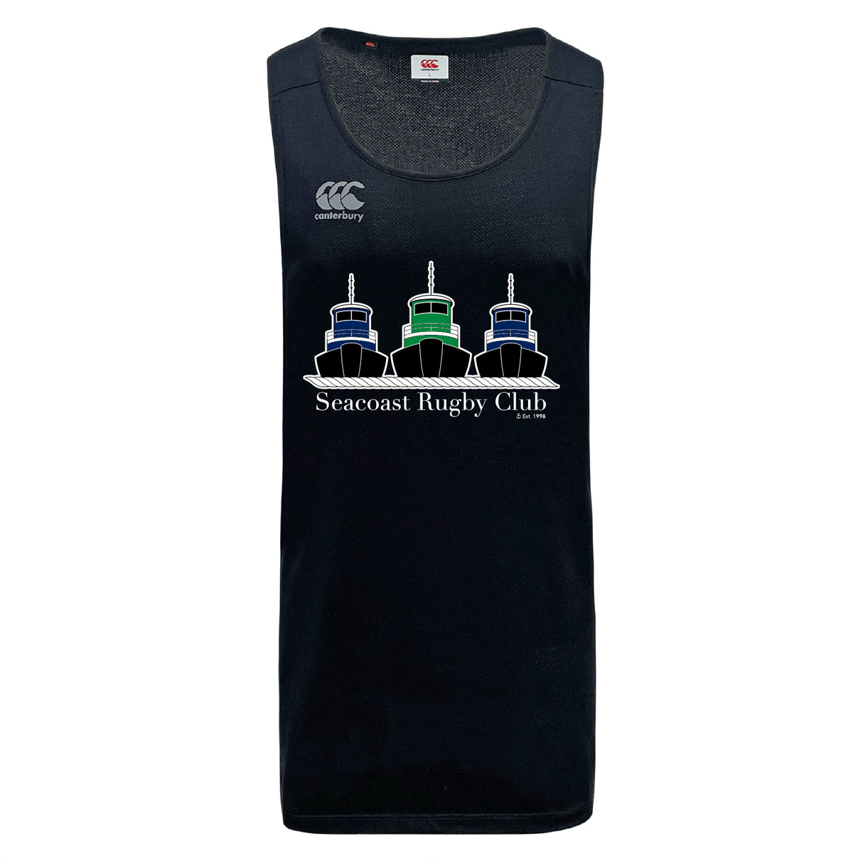 The Seacoast Rugby Club Tempo Vapodri Singlet by WRS Canterbury is a black sleeveless jersey with three tugboats and "Seacoast Rugby Club Est. 2019" on the front, plus a shoulder Canterbury logo and breathable VapoDri technology.