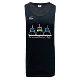 The Seacoast Rugby Club Tempo Vapodri Singlet by WRS Canterbury is a black sleeveless jersey with three tugboats and "Seacoast Rugby Club Est. 2019" on the front, plus a shoulder Canterbury logo and breathable VapoDri technology.