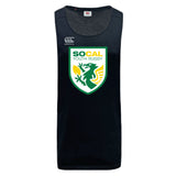 The SoCal Youth Referees Tempo Vapodri Singlet by WRS Canterbury is a black, sleeveless athletic shirt made from recycled polyester, featuring the "SOCAL Youth Rugby" dragon and rugby ball logo in green, yellow, and white on the front.