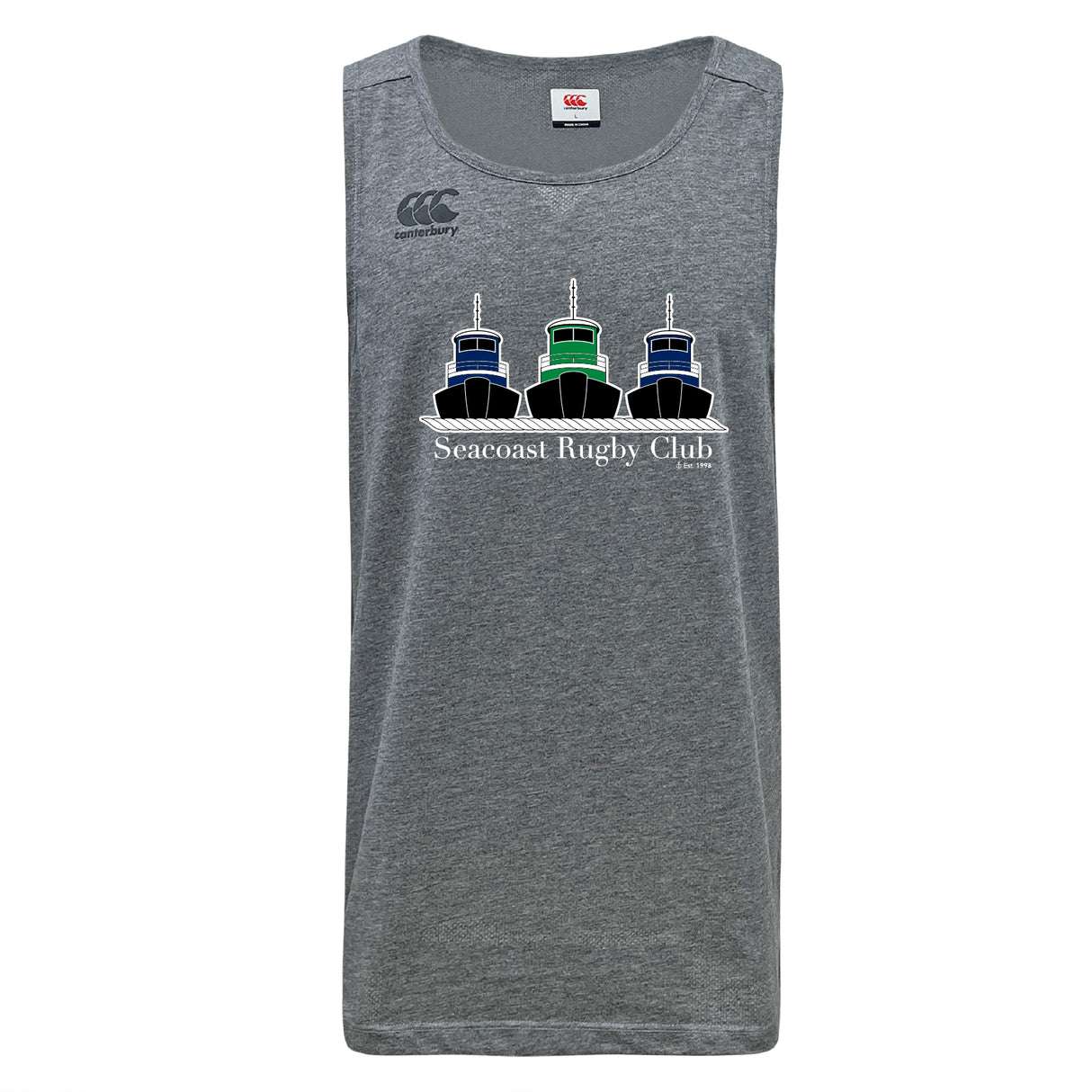 The Seacoast Rugby Club Tempo Vapodri Singlet by WRS Canterbury is a gray tank top with three tugboats and "Seacoast Rugby Club" on the front, made from recycled polyester for comfort and sustainability.