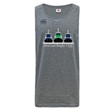 The Seacoast Rugby Club Tempo Vapodri Singlet by WRS Canterbury is a gray tank top with three tugboats and "Seacoast Rugby Club" on the front, made from recycled polyester for comfort and sustainability.