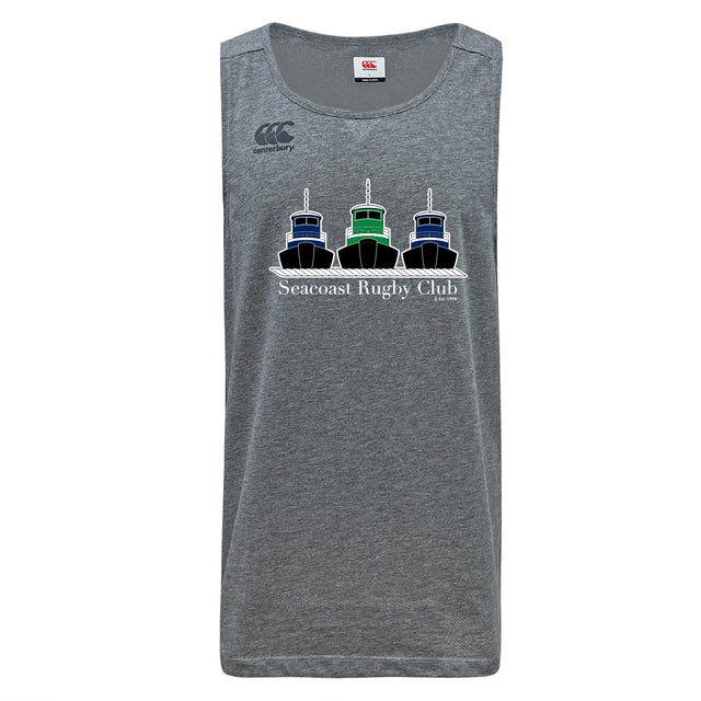 The Seacoast Rugby Club Tempo Vapodri Singlet by WRS Canterbury is a gray tank top with three tugboats and "Seacoast Rugby Club" on the front, made from recycled polyester for comfort and sustainability.