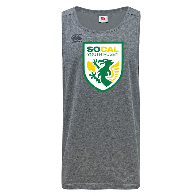 The SoCal Youth Referees Tempo Vapodri Singlet by WRS Canterbury is a gray, sleeveless athletic shirt made from recycled polyester, featuring the "SoCal Youth Rugby" logo with a green dragon and yellow rugby ball on the chest.