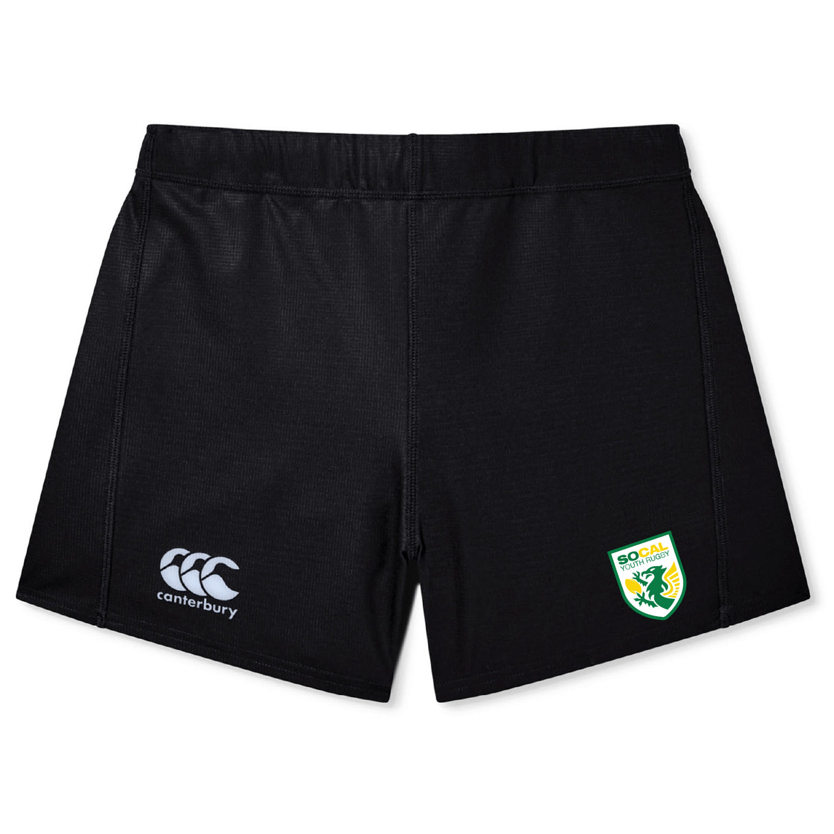 The SoCal Youth Referees Women's Yokohama Short by EMB Canterbury features a Canterbury logo left leg and green/yellow SoCal badge right leg, made from breathable Vapodri fabric, shown on a white background.