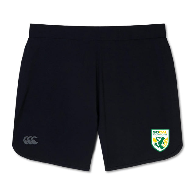 The SoCal Youth Referees Women's Elite Woven Short by EMB Canterbury features zippered pockets, a Canterbury logo on the left leg, and a SoCal Youth Rugby crest on the right.