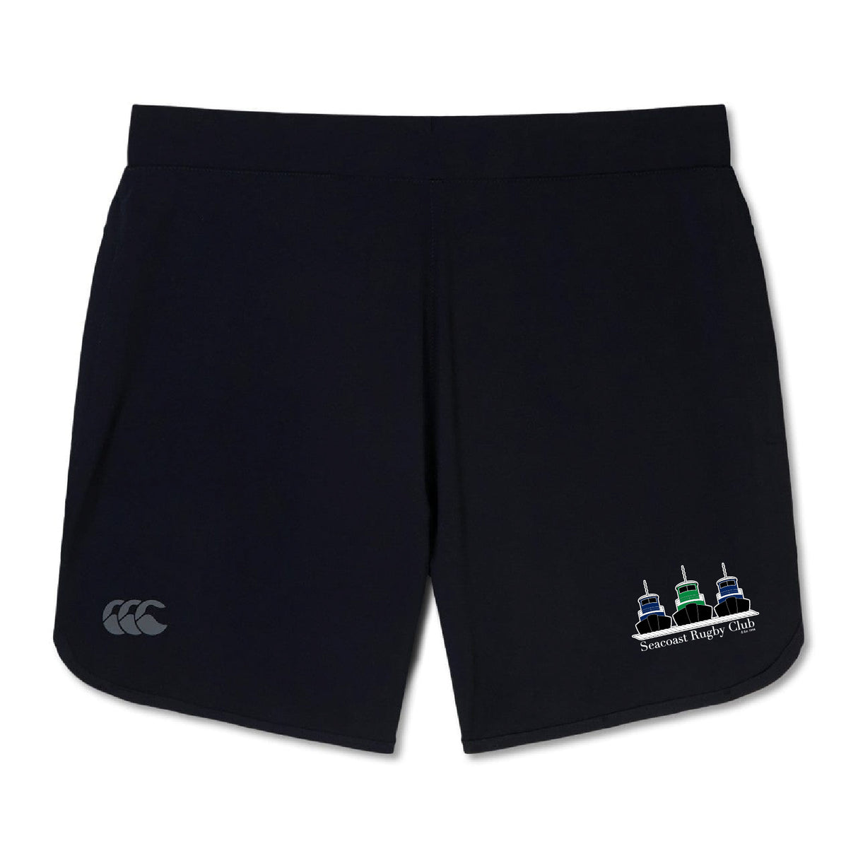 The Seacoast Rugby Club Women's Elite Woven Short by EMB Canterbury features a small Canterbury logo on the left leg and an embroidered three-boat graphic with "Seacoast Rugby Club" text on the right.