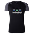 The Seacoast Rugby Club Women's Elite Training Tee by WRS Canterbury is a black and grey moisture-wicking workout shirt, featuring three tugboats and "Seacoast Rugby Club Est. 1973" on the front for comfort during intense training.