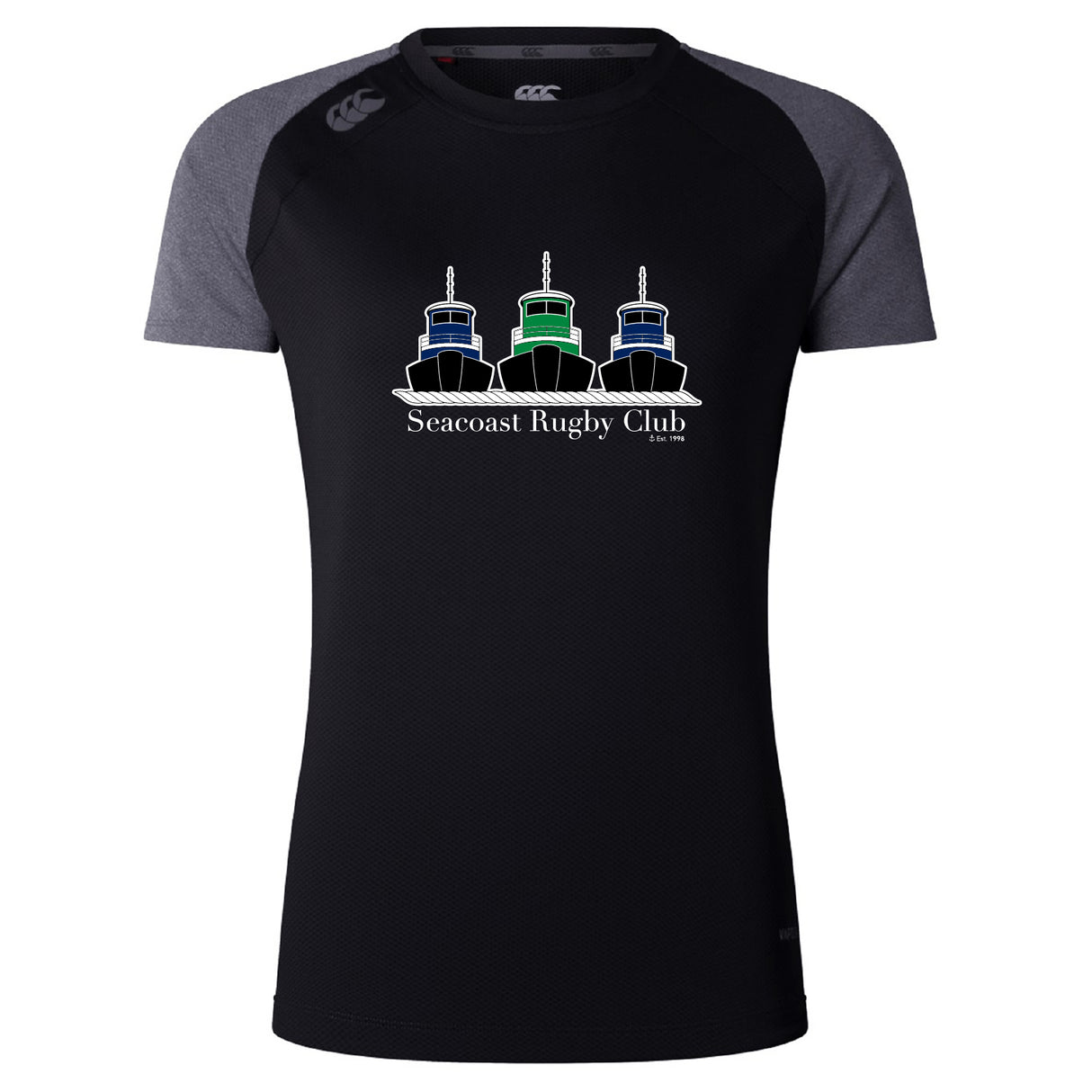 The Seacoast Rugby Club Women's Elite Training Tee by WRS Canterbury is a black and grey moisture-wicking workout shirt, featuring three tugboats and "Seacoast Rugby Club Est. 1973" on the front for comfort during intense training.