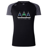 The Seacoast Rugby Club Women's Elite Training Tee by WRS Canterbury is a black and grey moisture-wicking workout shirt, featuring three tugboats and "Seacoast Rugby Club Est. 1973" on the front for comfort during intense training.