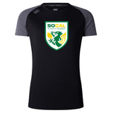The SoCal Youth Referees Women's Elite Training Tee by WRS Canterbury is a black, lightweight short-sleeve shirt with dark grey shoulders, a "SoCal Youth Rugby" logo, and a green-yellow phoenix—perfect for active days.