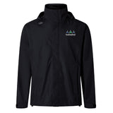The Seacoast Rugby Club Elite Storm Jacket by EMB Canterbury is a black hooded jacket made from breathable fabric, featuring a small embroidered “Vancouver Rowing Club” three-rowboat logo on the left chest.