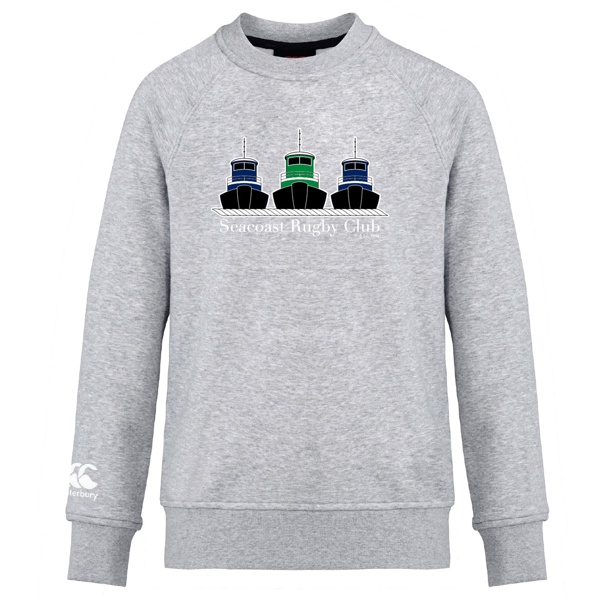 The Seacoast Rugby Club Club Crew Sweatshirt by WRS Canterbury features three tugboats in black, blue, and green above "Seacoast Rugby Club" on light gray, with an embroidered CCC logo for ultra-soft style and comfort.