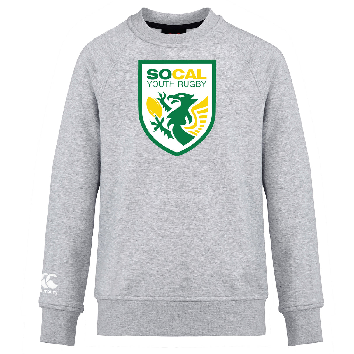 The SoCal Youth Rugby Club Crew Sweatshirt by WRS Canterbury is a grey ultra-soft sweatshirt with a green and yellow dragon "SOCAL Youth Rugby" logo on the chest and a small embroidered CCC logo on the left sleeve.