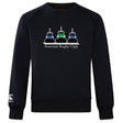 The Seacoast Rugby Club Club Crew Sweatshirt by WRS Canterbury features three tugboat illustrations, "Seacoast Rugby Club" text, and an embroidered CCC logo. This ultra soft black sweatshirt combines style and comfort.