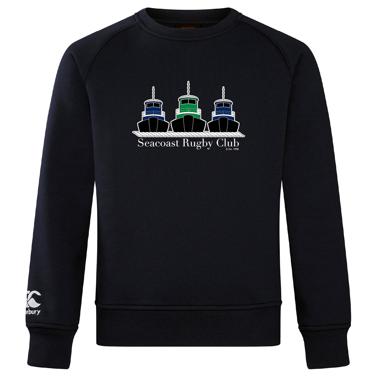 The Seacoast Rugby Club Club Crew Sweatshirt by WRS Canterbury features three tugboat illustrations, "Seacoast Rugby Club" text, and an embroidered CCC logo. This ultra soft black sweatshirt combines style and comfort.