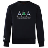 The Seacoast Rugby Club Club Crew Sweatshirt by WRS Canterbury features three tugboat illustrations, "Seacoast Rugby Club" text, and an embroidered CCC logo. This ultra soft black sweatshirt combines style and comfort.