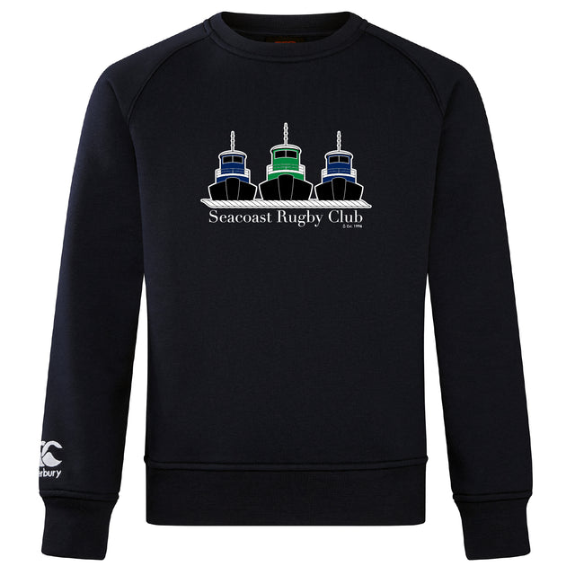 The Seacoast Rugby Club Club Crew Sweatshirt by WRS Canterbury features three tugboat illustrations, "Seacoast Rugby Club" text, and an embroidered CCC logo. This ultra soft black sweatshirt combines style and comfort.