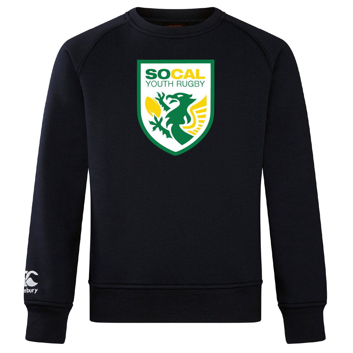 The SoCal Youth Rugby Club Crew Sweatshirt by WRS Canterbury features a black design, a green, yellow, and white "SOCAL YOUTH RUGBY" crest on the chest, and an embroidered CCC logo on the left sleeve.