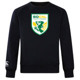 The SoCal Youth Rugby Club Crew Sweatshirt by WRS Canterbury features a black design, a green, yellow, and white "SOCAL YOUTH RUGBY" crest on the chest, and an embroidered CCC logo on the left sleeve.