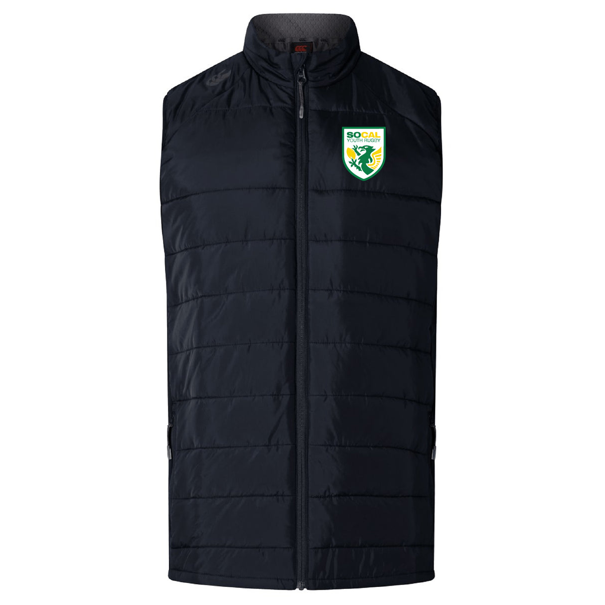 The SoCal Youth Referees Women's Elite Microlite Gilet by EMB Canterbury is a black quilted vest with front zipper, Thermoreg bonded fleece for warmth, and a team logo on the chest—ideal for chilly days.