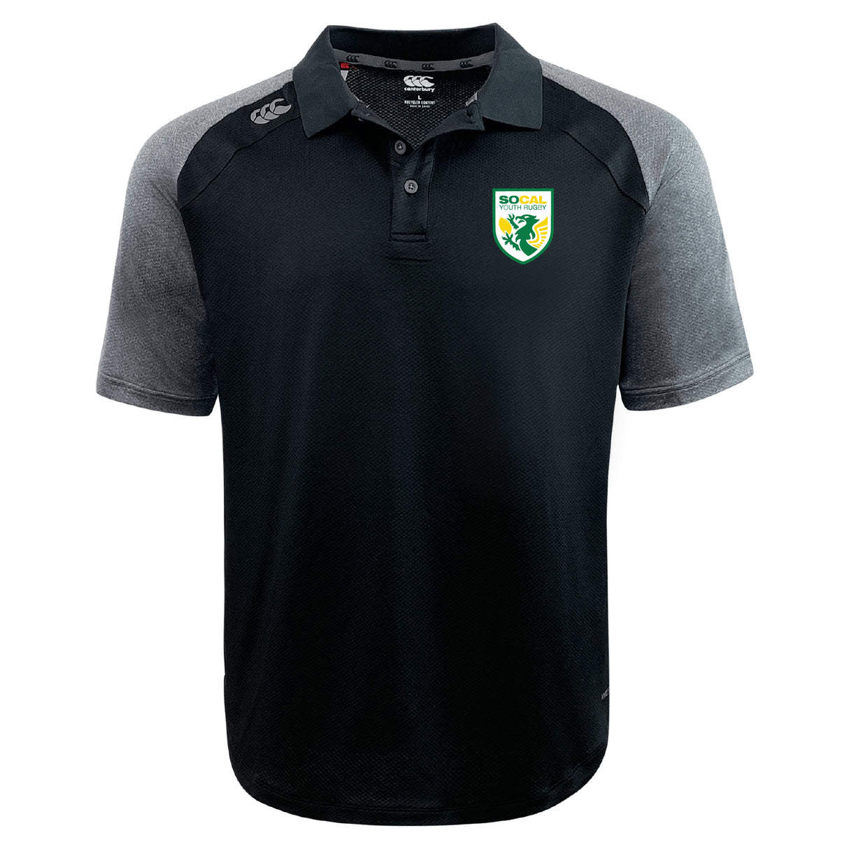 The SoCal Youth Rugby Elite Polo by EMB Canterbury features lightweight Vapodri fabric, a SoCal Rugby logo on the left chest, and the Canterbury logo on the right shoulder in black and gray.