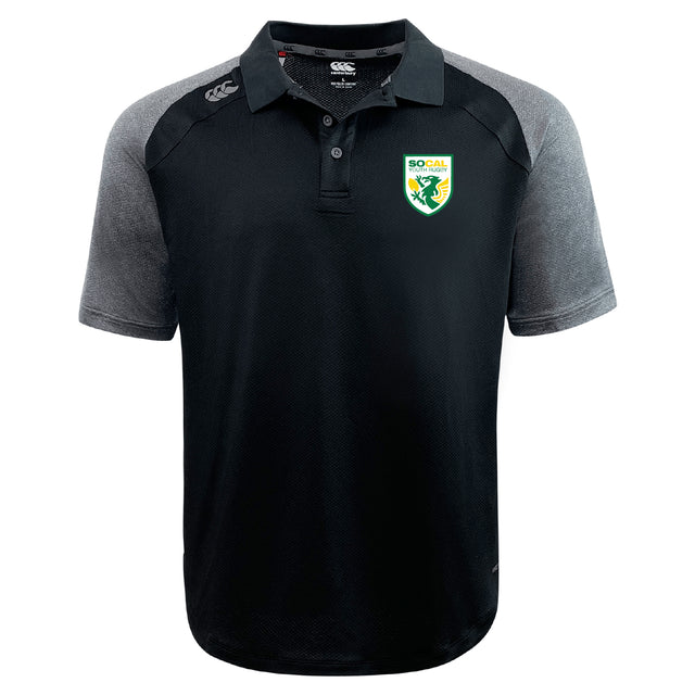 The SoCal Youth Rugby Elite Polo by EMB Canterbury features lightweight Vapodri fabric, a SoCal Rugby logo on the left chest, and the Canterbury logo on the right shoulder in black and gray.