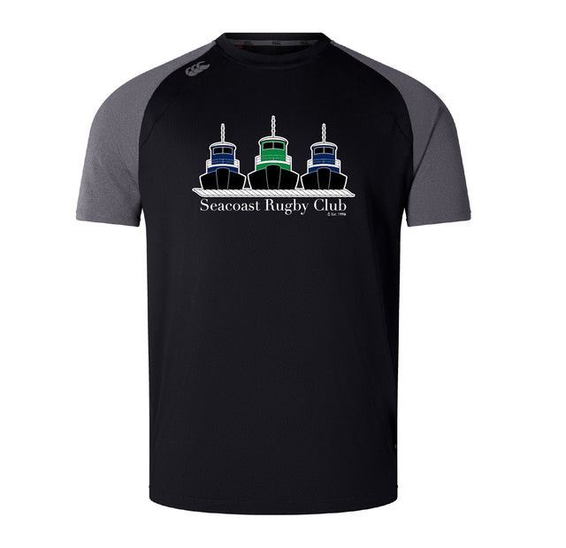 The Seacoast Rugby Club Elite Training Tee by WRS Canterbury is a lightweight, durable black and grey shirt featuring three stylized tugboats and "Seacoast Rugby Club" printed on the front.