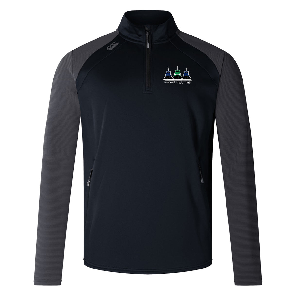 The Seacoast Rugby Club Elite 1/4 Zip Top by EMB Canterbury is a black training top with dark gray sleeves, zippered pockets, and a small embroidered logo on the left chest.
