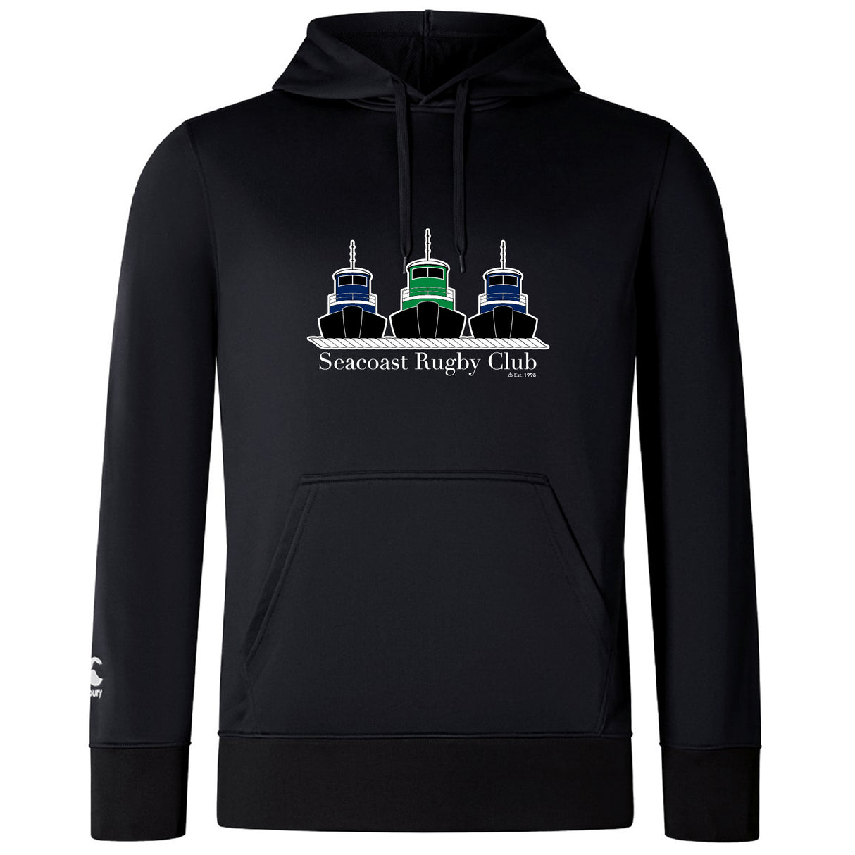 The Seacoast Rugby Club Lightweight Hoodie by WRS Canterbury is a black hoodie with three tugboats in blue, green, and black above “Seacoast Rugby Club” and “Est. 1974.” Custom-made for Canterbury fans.