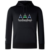 The Seacoast Rugby Club Lightweight Hoodie by WRS Canterbury is a black hoodie with three tugboats in blue, green, and black above “Seacoast Rugby Club” and “Est. 1974.” Custom-made for Canterbury fans.