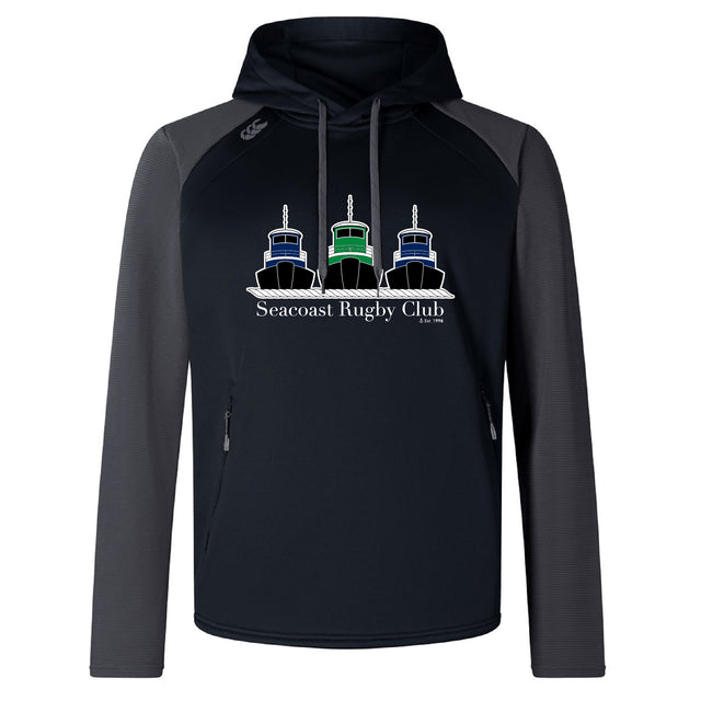 The Seacoast Rugby Club Elite Training Hoody by WRS Canterbury is a black and gray performance hoodie with three tugboats and "Seacoast Rugby Club" on the front.