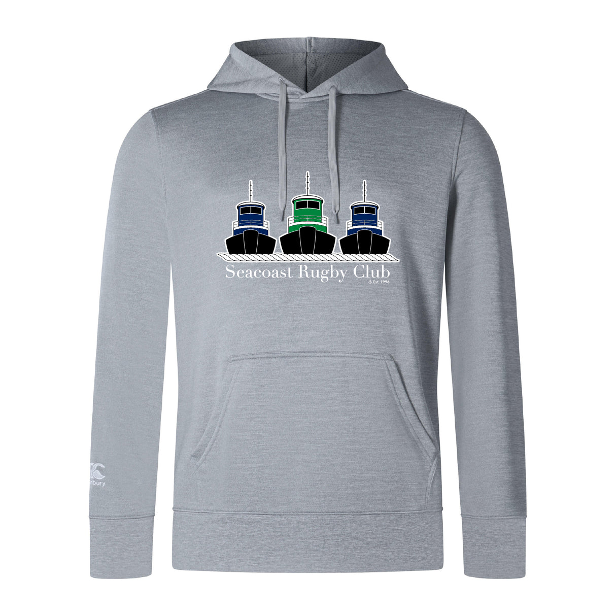 The Seacoast Rugby Club Club Lightweight Hoodie by WRS Canterbury features three tugboats in black, blue, and green above "Seacoast Rugby Club"—a light gray custom piece perfect for fans.