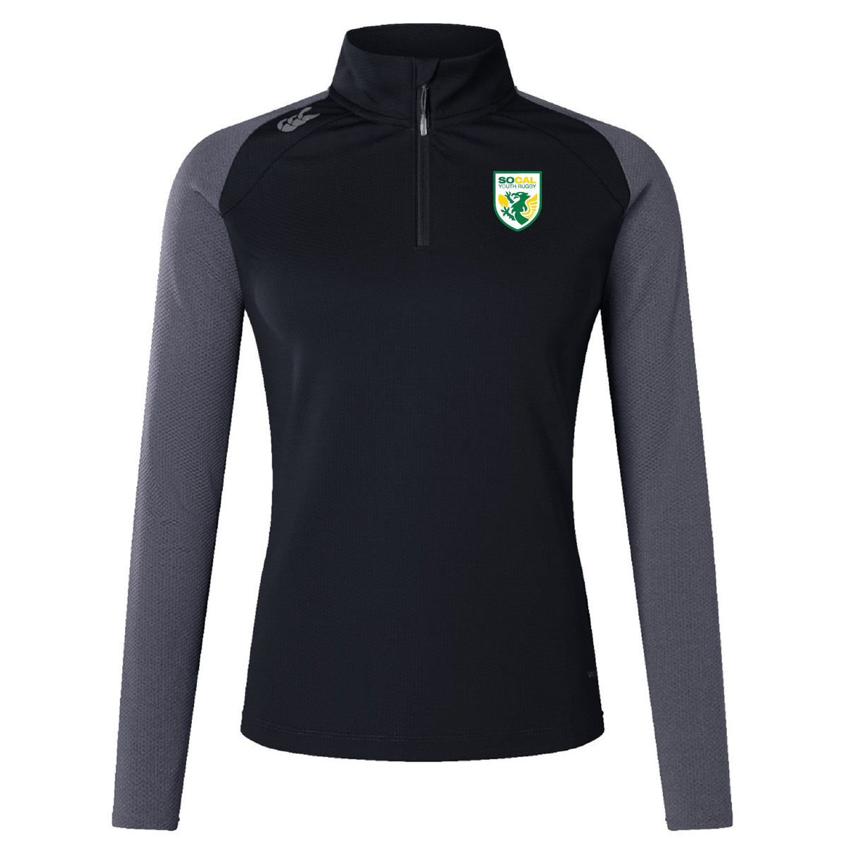 The SoCal Youth Referees Women's Elite First Layer by EMB Canterbury is a black and gray long-sleeve pullover with VapoDri tech, a green dragon crest on the left chest, and a right shoulder logo—ideal for women referees.
