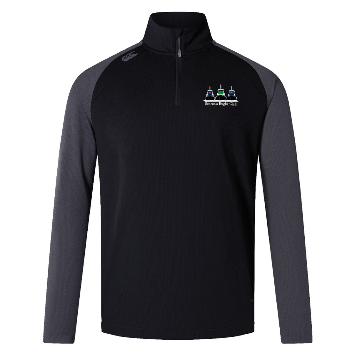 The Seacoast Rugby Club Women's Elite First Layer by EMB Canterbury is a black and dark gray long-sleeve quarter-zip pullover with a small embroidered logo, right shoulder branding, and VapoDri tech for comfort during training.