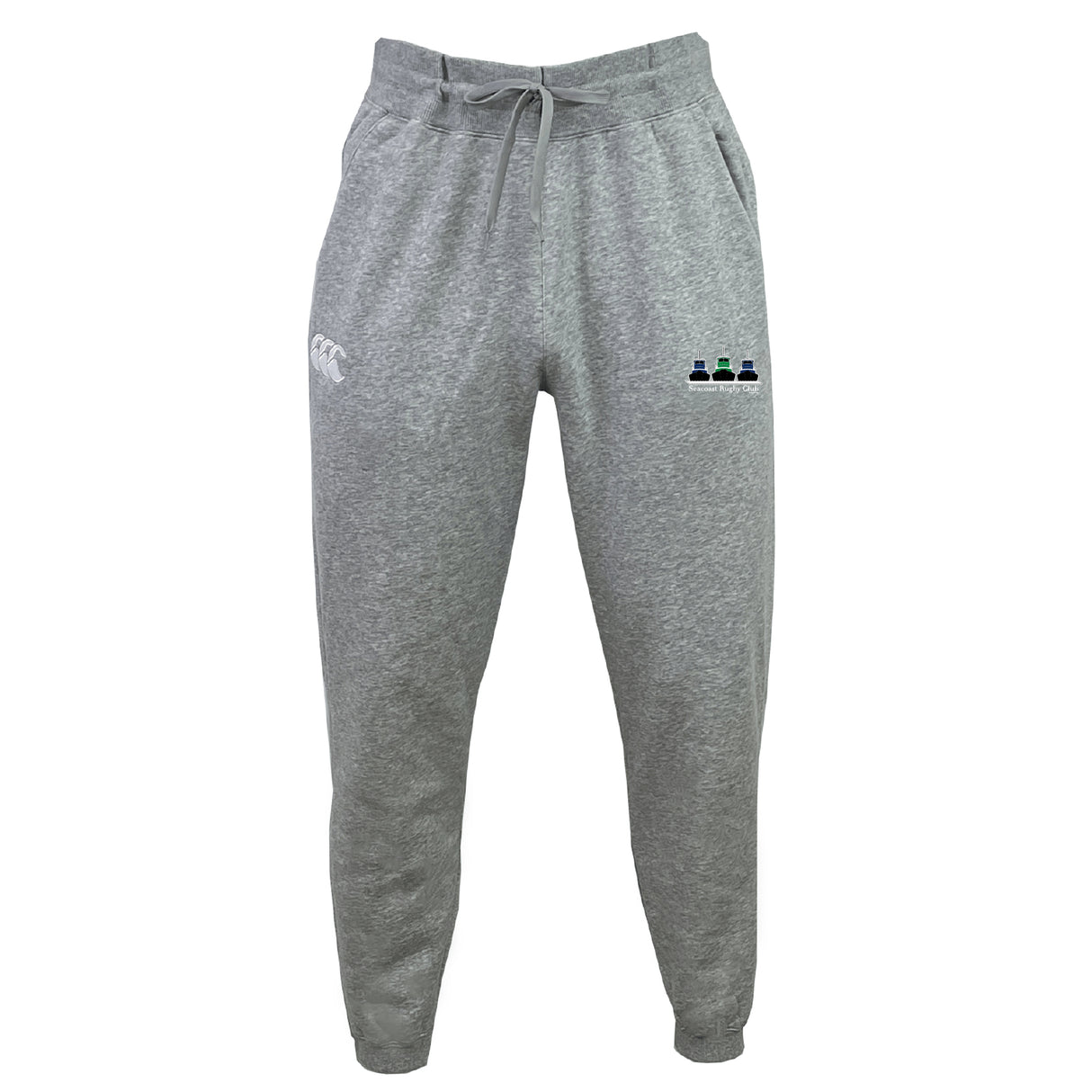 The Seacoast Rugby Club Leisure Sweatpant by EMB Canterbury features a light grey organic cotton fabric, elastic waistband with drawstring, white logo on the left thigh, and a colored emblem on the right thigh.