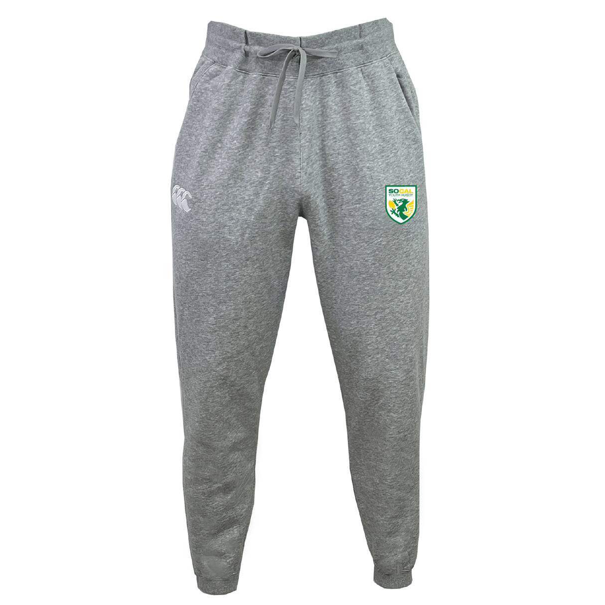 The SoCal Youth Referees Leisure Sweatpant by EMB Canterbury is crafted from sustainable fleece with a drawstring waist, white logo on the left thigh, and a green and yellow crest on the right thigh.