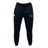 The Seacoast Rugby Club Leisure Sweatpant by EMB Canterbury is a black jogger with a drawstring waist, made from recycled polyester fleece, featuring a white logo on the left thigh and colorful embroidery on the right.