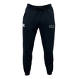 The Seacoast Rugby Club Leisure Sweatpant by EMB Canterbury is a black jogger with a drawstring waist, made from recycled polyester fleece, featuring a white logo on the left thigh and colorful embroidery on the right.