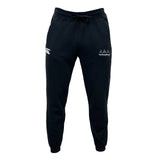 The Seacoast Rugby Club Leisure Sweatpant by EMB Canterbury is a black jogger with a drawstring waist, made from recycled polyester fleece, featuring a white logo on the left thigh and colorful embroidery on the right.