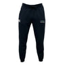 The Seacoast Rugby Club Leisure Sweatpant by EMB Canterbury is a black jogger with a drawstring waist, made from recycled polyester fleece, featuring a white logo on the left thigh and colorful embroidery on the right.