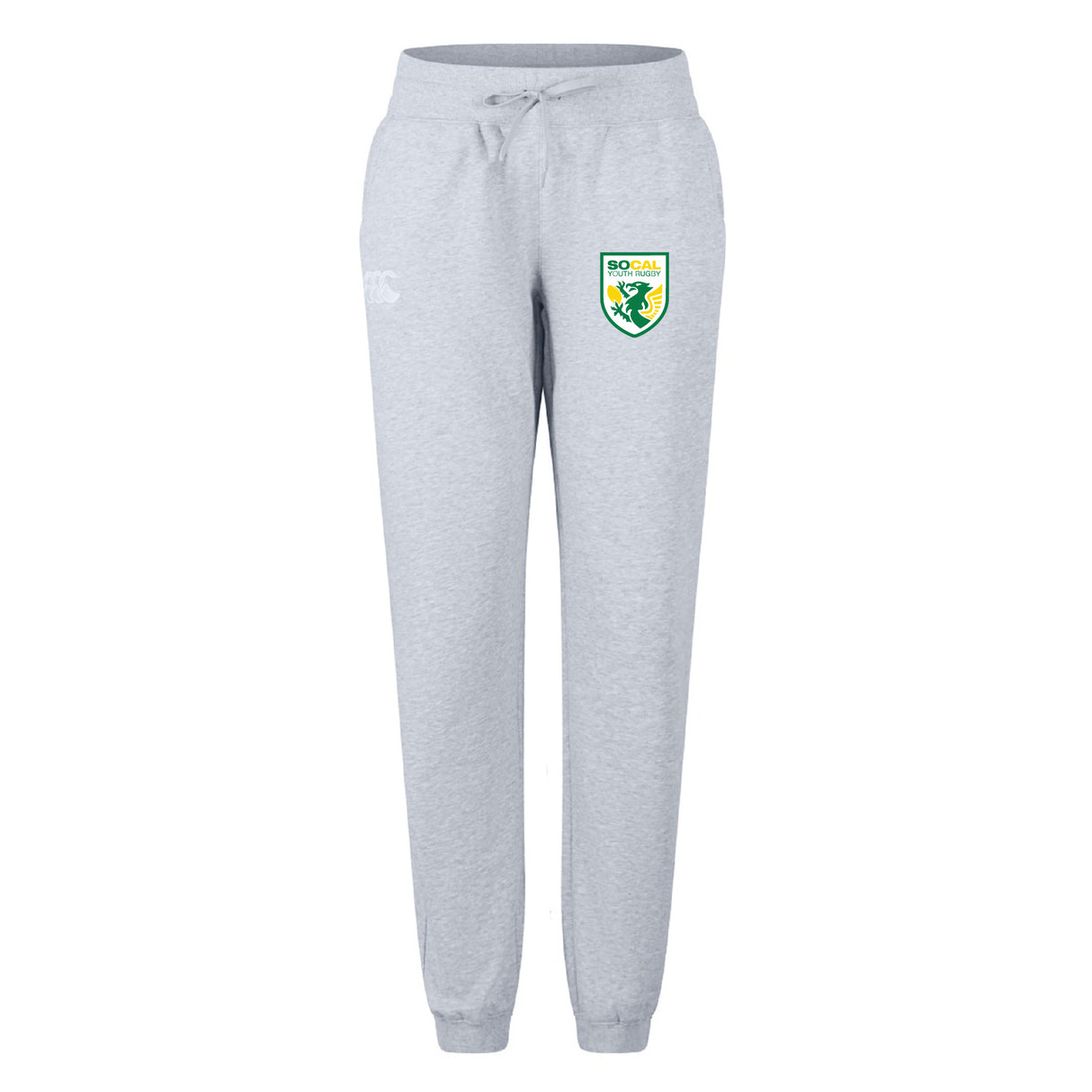 The SoCal Youth Referees Women's Leisure Sweatpant by EMB Canterbury features a light grey color, drawstring waist, and a So-Cal Soccer Club logo on the right thigh.