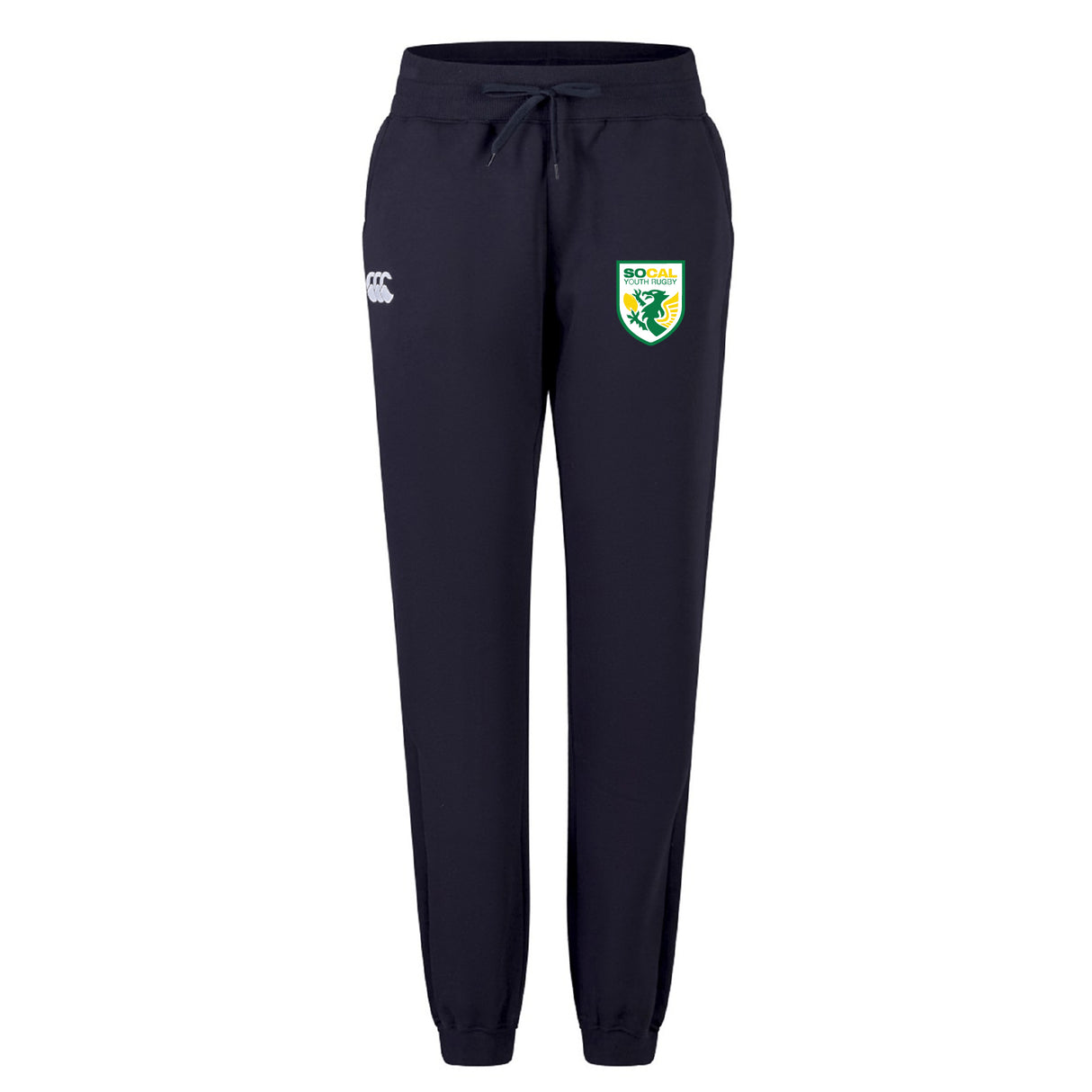 The SoCal Youth Referees Women's Leisure Sweatpant by EMB Canterbury features a navy blue color, elastic waistband with drawstring, white logo on the left thigh, and a green/yellow crest on the right. Perfect for comfort and style.