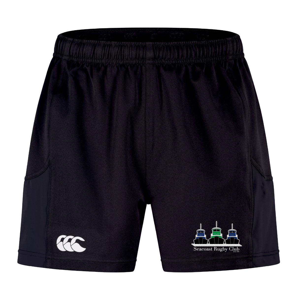 The EMB Canterbury Seacoast Rugby Club Advantage Short 2.0 features an elastic waistband, white Canterbury logo on the left leg, and club logo on the right—perfect for sustainable sportswear fans.