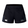 The Seacoast Rugby Club Women's Advantage Short 2.0 by EMB Canterbury is made from recycled sportswear and features a white Canterbury logo on the left leg and a Seacoast Rugby Club emblem on the right leg.