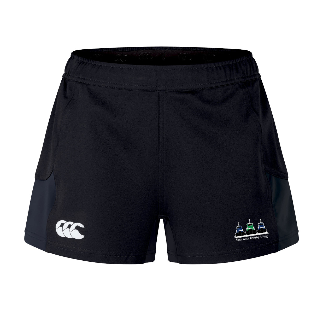 The Seacoast Rugby Club Women's Advantage Short 2.0 by EMB Canterbury is made from recycled sportswear and features a white Canterbury logo on the left leg and a Seacoast Rugby Club emblem on the right leg.