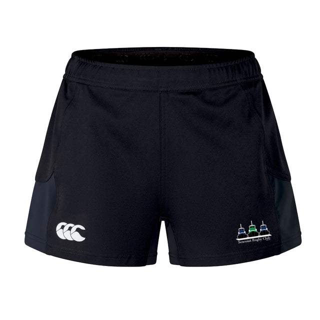 The Seacoast Rugby Club Women's Advantage Short 2.0 by EMB Canterbury is made from recycled sportswear and features a white Canterbury logo on the left leg and a Seacoast Rugby Club emblem on the right leg.
