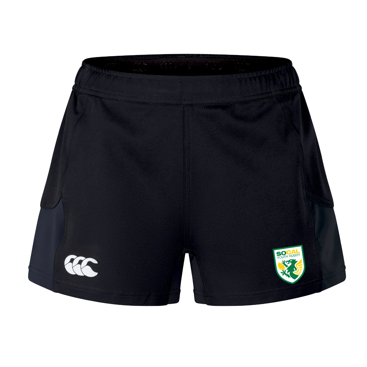 The EMB Canterbury SoCal Youth Referees Women's Advantage Short 2.0 features recycled black fabric with a white Canterbury logo left and a SoCal Scorpions rugby patch right—ideal for women's performance training.
