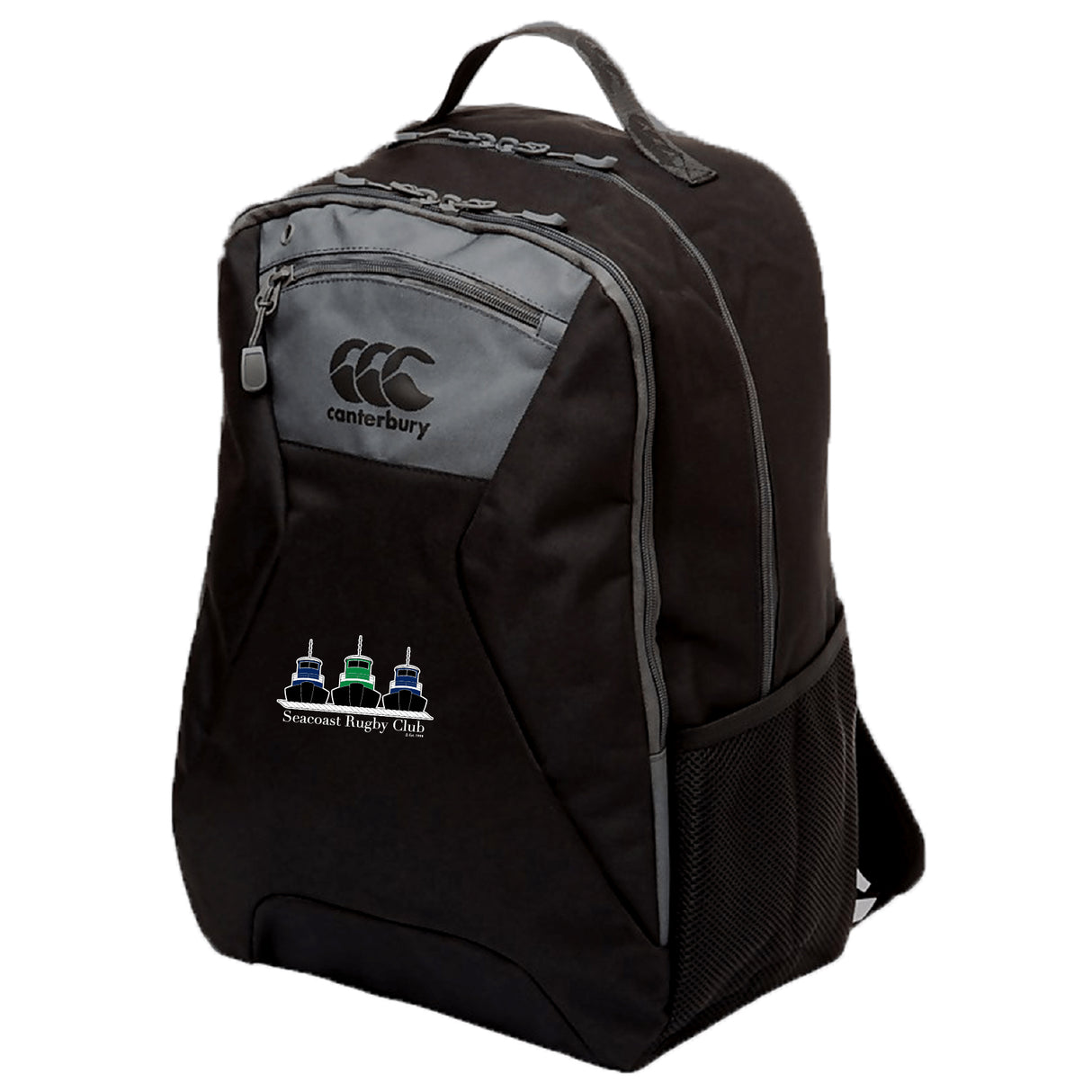 The Seacoast Rugby Club Medium Backpack by EMB Canterbury features a black design with gray accents, zippered compartments, a padded laptop pocket, mesh side pocket, and the club logo embroidered on the front.