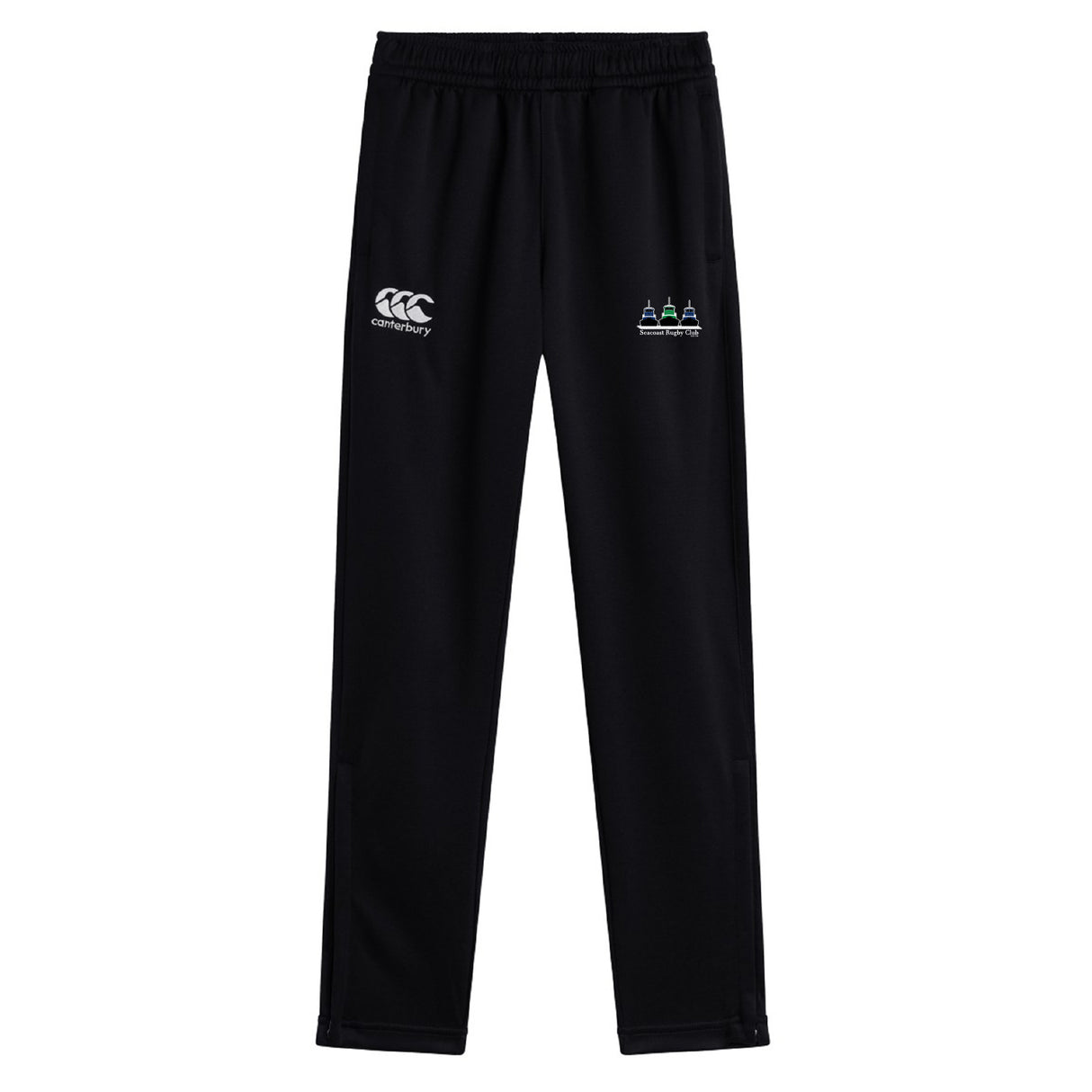 The Seacoast Rugby Club Stretch Tapered Pant by EMB Canterbury features an elastic waistband, white Canterbury logo on the left thigh, multicolored emblem on the right, and quick-dry fabric—ideal men's workout pants.