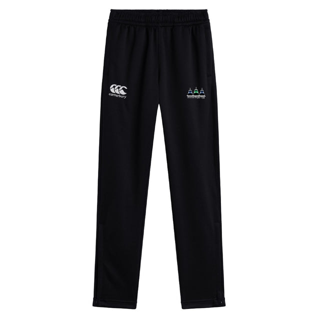 The Seacoast Rugby Club Stretch Tapered Pant by EMB Canterbury features an elastic waistband, white Canterbury logo on the left thigh, multicolored emblem on the right, and quick-dry fabric—ideal men's workout pants.